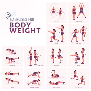 Women workout set. Women doing fitness and yoga exercises. Mountain Climbers, Flutter kicks, Plank To Toe Lift, Plank Rotation, Leg Raises, knee to elbow kickback, In and Out, Lean back hold etc