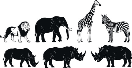 African wildlife animal silhouettes set featuring lion, elephant, giraffe, zebra, rhinoceros, safari fauna vector illustration isolated on white background collection © MDKHALEDUL
