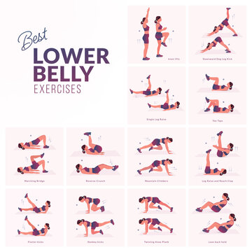 Women workout set. Women doing fitness and yoga exercises. Mountain Climbers, Flutter kicks, Plank To Toe Lift, Plank Rotation, Leg Raises, knee to elbow kickback, In and Out, Lean back hold etc