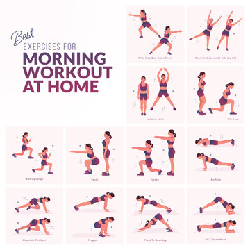 Women workout set. Women doing fitness and yoga exercises. Mountain Climbers, Flutter kicks, Plank To Toe Lift, Plank Rotation, Leg Raises, knee to elbow kickback, In and Out, Lean back hold etc