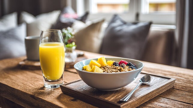 Healthy breakfast with fresh orange juice and mixed fruit on wooden table