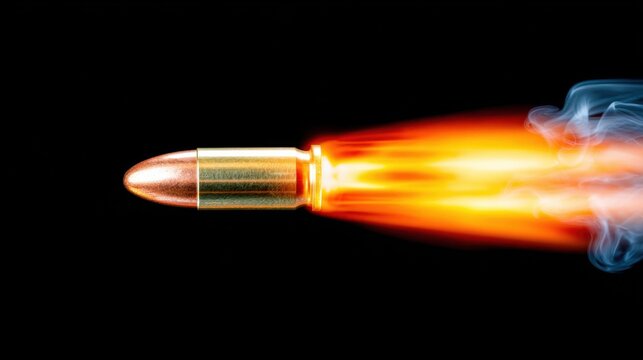 Flying bullet in motion with visible flame and smoke trails against a black background, showcasing the dynamics of projectile movement and speed