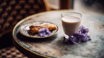 Warm Beverage with Pastry and Flowers on a Round Table