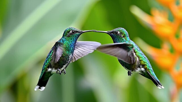Two colorful hummingbirds with iridescent green and blue feathers touch beaks while in flight amidst vibrant tropical foliage