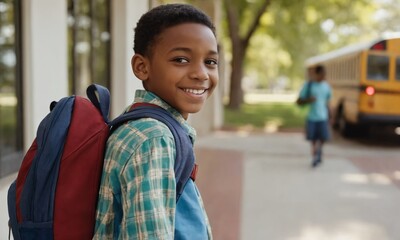 Young boy smiles while standing near school entrance as bus arrives on sunny day