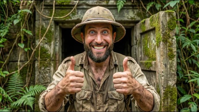 Excited archaeologist with beard in a pith helmet showing thumbs up at the entrance of an ancient mossy tomb.