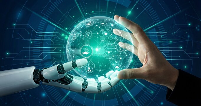Human and Robotic Hands Touching Glowing Digital Globe with Icons Representing Global Connectivity and AI Collaboration