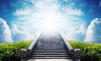 Stairway leading into bright light under a clear blue sky with fluffy clouds during daytime