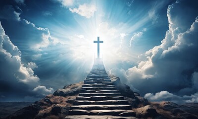 Staircase leading to a cross illuminated by bright light against a dramatic sky