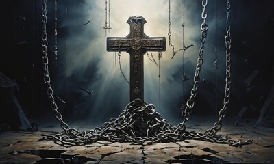 Dark depiction of a crucifix surrounded by chains in a dimly lit, cracked environment