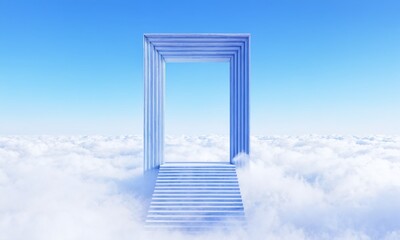 Striking architectural structure floating among clouds under a brilliant blue sky