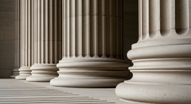 Ancient marble columns standing tall in a row, bathed in soft light