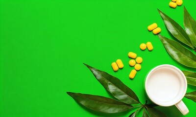 Bright green background with herbal leaves, yellow supplements, and a white cup of milk on a surface for health and wellness arrangement