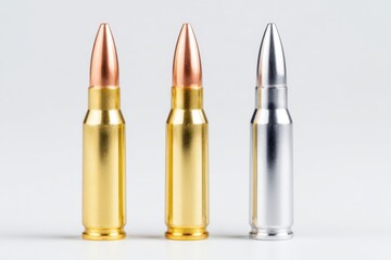 Three metallic rifle cartridges displayed upright, featuring gold, copper, and silver finishes against a clean white background for clear visibility and detail