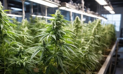 Cannabis cultivation in a modern greenhouse facility during the growing season