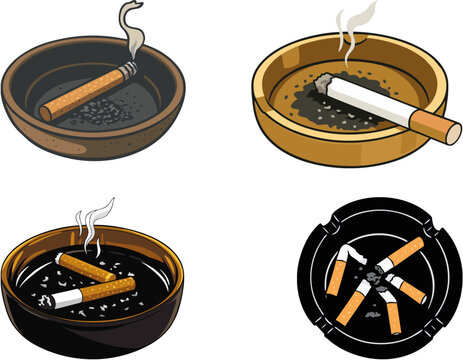Four different illustrations of ashtrays with lit and extinguished cigarettes and cigar butts, showing various stages of smoking.