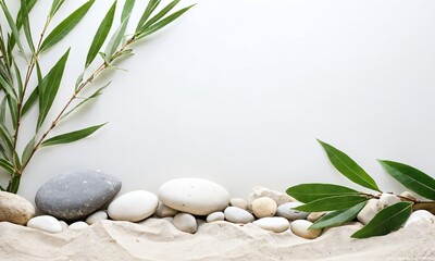 Decorative arrangement of pebbles and leaves on a sandy surface in a serene indoor setting