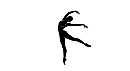 Silhouette of a dancer in mid-air, graceful movement, elegant pose, dynamic figure, isolated on white background, black shape, artistic expression.