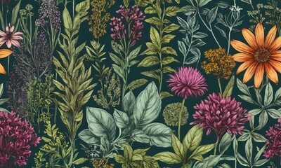 Colorful floral pattern featuring a variety of plants and blossoms against a dark background created for textile design