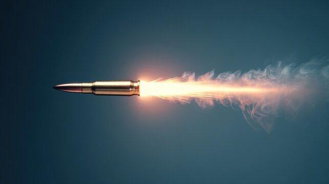 Flying bullet captured in motion with visible flame and smoke trail against a dark background, showcasing the dynamics of projectile movement and speed