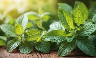 Fresh mint leaves arranged on a wooden surface with a warm light creating a natural atmosphere