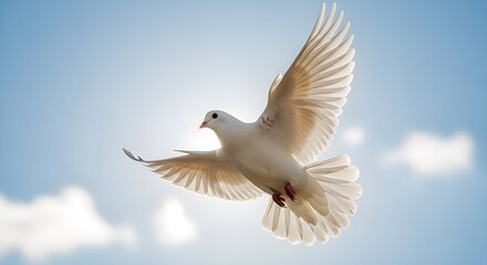 Obraz premium A white dove in flight against a serene blue sky with fluffy white clouds on a sunny day outdoors
