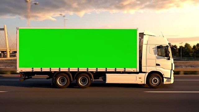 White semi-truck with a large green screen trailer driving on a highway with a dramatic sunset sky in the background. 4k Green Screen Stock Video