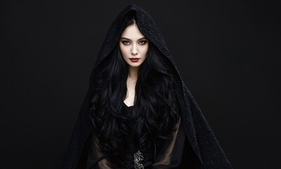 Mysterious woman in black hooded cloak with flowing dark hair on a black background