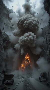 Powerful detonation of explosives inside a deep mountain quarry, sending a massive plume of thick gray smoke and debris high into the air during a mining or construction operation