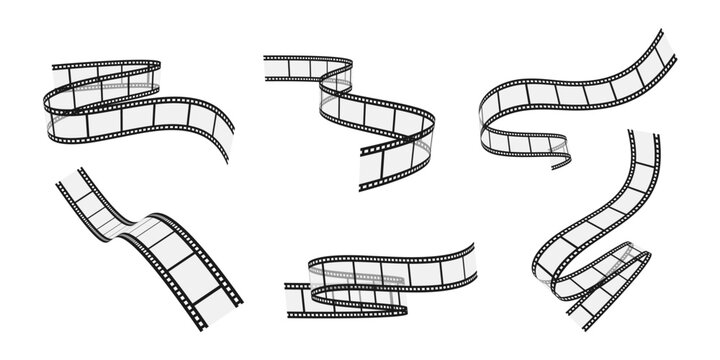 Set of realistic transparent film strips. Blank curvy movie ribbons isolated on white background. Vector illustration