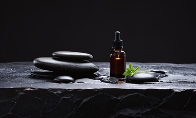 Black stones and essential oil bottle with greenery on a dark background create a calming atmosphere
