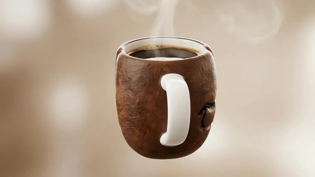 A warm, steaming dark beverage served in an innovative coffee bean-shaped mug, a conceptual studio still life.