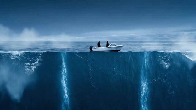Two people in a small boat navigate a dramatic, deep ocean chasm under a dark, foreboding sky, revealing mysterious depths
