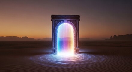 Fototapeta premium A glowing archway stands in the desert at sunset with a vibrant light emanating from it.