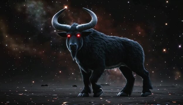 Ethereal Cosmic Minotaur with Glowing Eyes Standing Among Swirling Galaxies