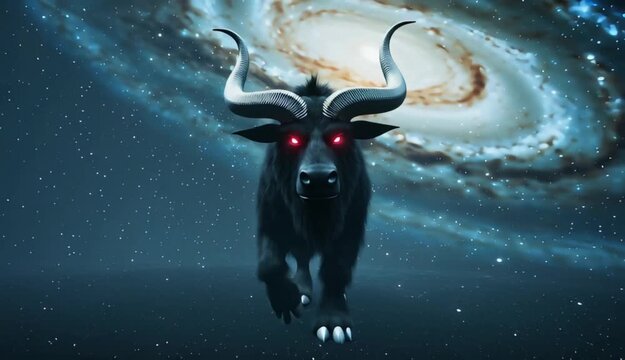 Ethereal Cosmic Minotaur with Glowing Eyes Standing Among Swirling Galaxies