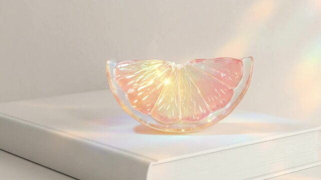Iridescent citrus fruit slice artfully resting on a pristine white book with subtle rainbow light reflections