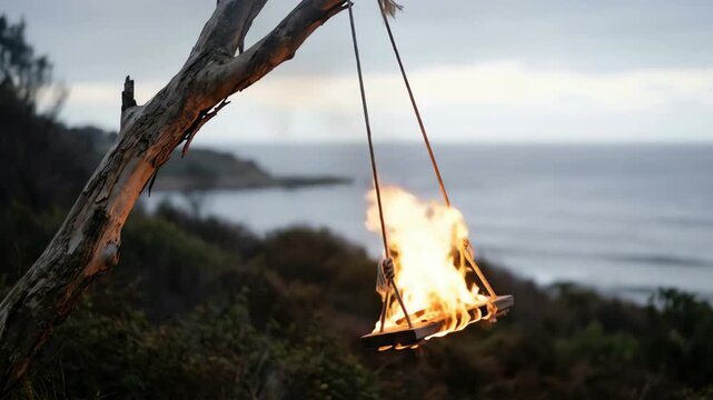 A surreal outdoor scene featuring a wooden swing engulfed in flames, suspended from a tree branch above a coastal cliff at twilight.