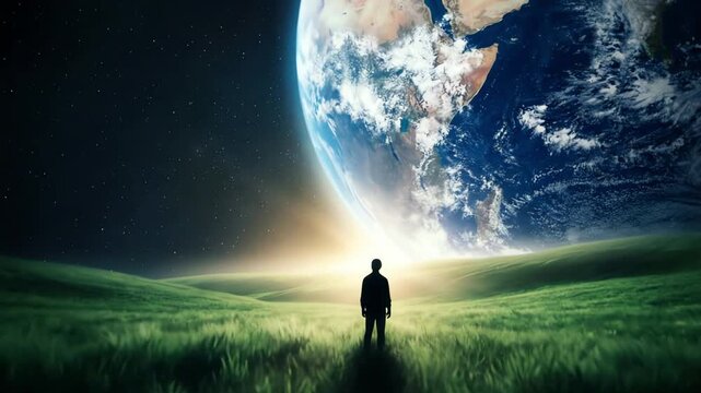 Person stands in a vibrant green field, witnessing the majestic Earth ascending in a starlit sky at dawn
