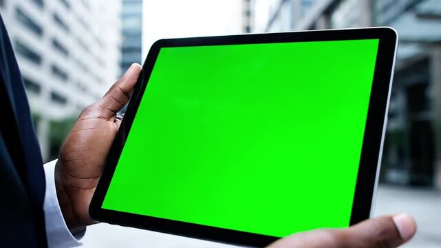 Man in suit holding tablet with green screen outdoors, close-up, business concept 4k Green Screen Stock Video