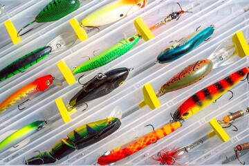 Transparent fishing tackle box containing lures hooks bobber. Image for fishing themes