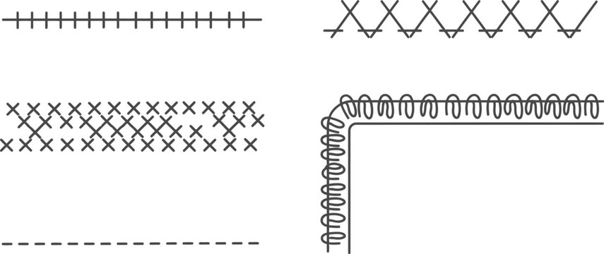 Outline illustration set of 5 sewing stitch patterns straight zigzag cross stitch and overlock line