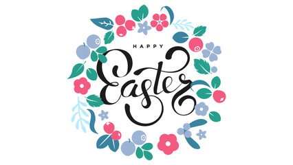 A vibrant floral wreath featuring colorful flowers and leaves surrounding the text 'Happy Easter' in elegant script.