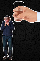 Conceptual illustration of a freezing man dressed in warm winter clothing, shivering from cold, combined with a close-up of a hand holding a glass of vodka.