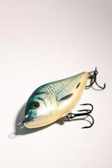 Fishing accessories bobbers, hooks, tackles, baits isolated on white background. Image for shop for fisherman. Close up © Krievietka