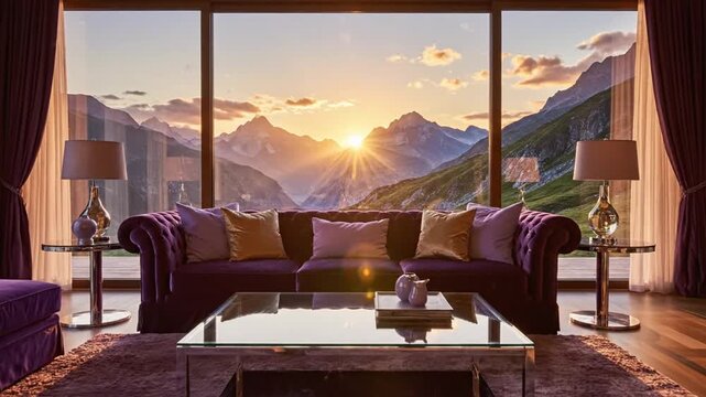 Luxurious living room with mountain view at golden hour sunset