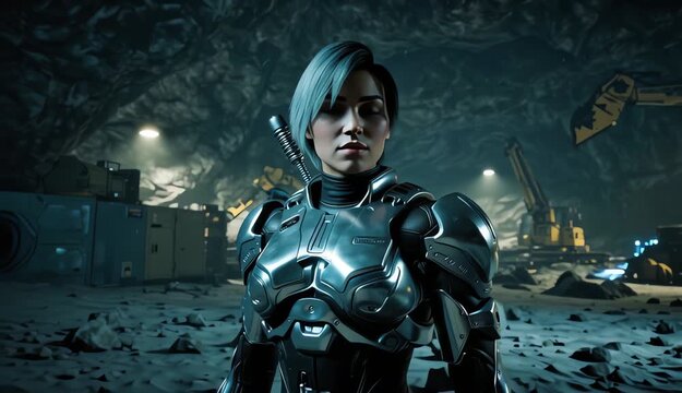 Cyberpunk Moon Miner in Futuristic Exosuit Inside Neon Lit Lunar Cavern
