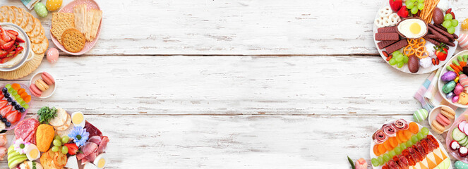 Spring or Easter grazing board theme double border against a white wood banner background. Top...