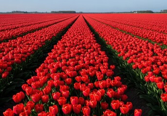 Expansive view of parallel rows of bright red tulip flowers covering a vast agricultural field during peak spring bloom, green, field, rows