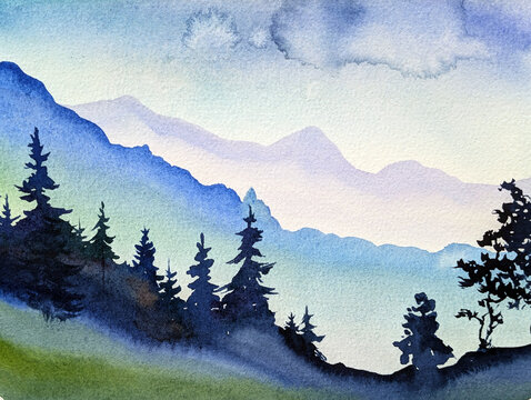 A multi-layered background with mountains and pine trees in the foreground. Watercolor hand-painted on textured paper.